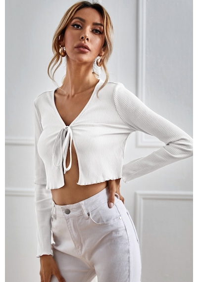 Fantezia Night Kadın Beyaz Uzun Kollu Önden Bağlama Detaylı Crop Top Bluz