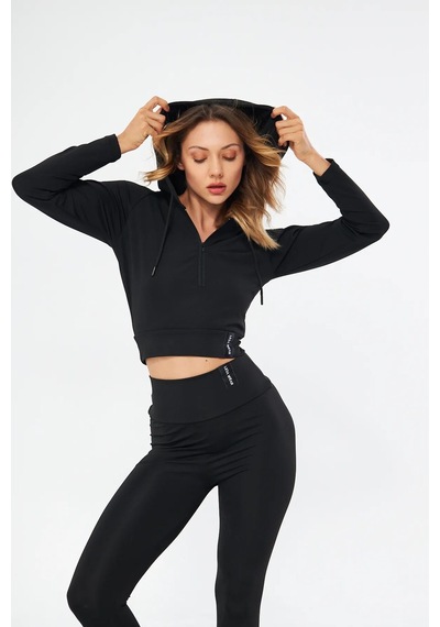 Lesa Wear Fitilli Kapüşonlu Içi Polarlı Yumuşacık Şardonlu Kaşkorse Crop Sweatshirt Hırka Siyah