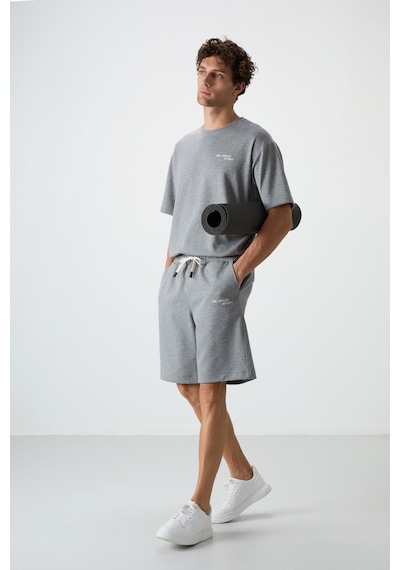 Gri Melanj Pamuklu Kalın Yumuşak Dokulu Oversize Fit Nakışlı Erkek Şort Takım - 85250 GRİ MELANJ
