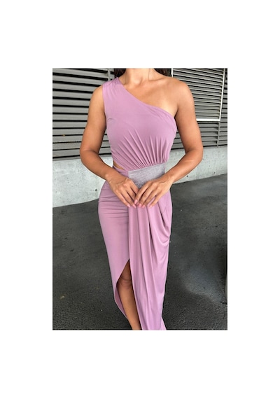 DefyModa Kadın Sandy Kumaş Tek Omuz Balık Kesim Abiye Elbise Gülkurusu