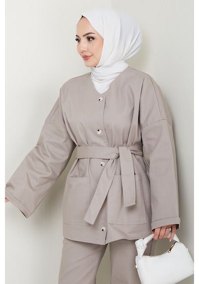 Bestenur Kemerli Ceket Pantolon Gabardin Takım 1557 - Taş Taş