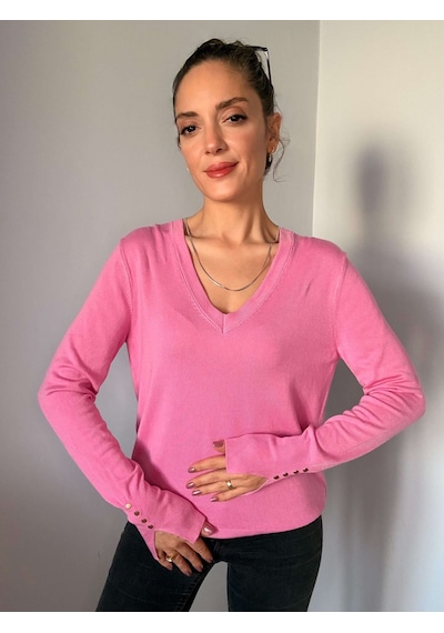 Ali Butik Pembe V Yaka Kol Detaylı Triko Pembe