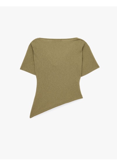 Koton Krep Kumaş Slim Fit Kısa Kollu Degaje Yaka Asimetrik Tişört Haki 6sak50393ek