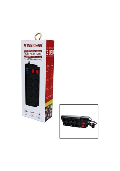 Winnboss 3411 Termal Akım Korumalı 8'li Grup Priz - 3 Usb Çıkışlı 2 M Anahtarlı 16a