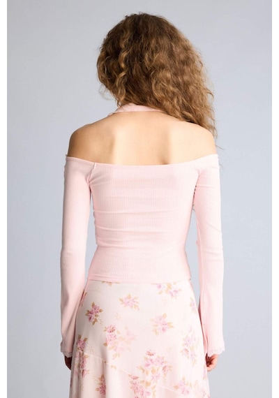 Defacto Fıtted Halter Yaka Fitilli Kaşkorse Uzun Kollu Tişört G9831ax26sppn74 Pembe-pn74