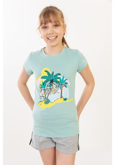 Brz Kids Palmiye Baskılı Kız Çocuk T-shirt-aqua Sea Mavi