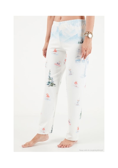 Lela Kış Temalı Bisiklet Yaka Uzun Kollu Pijama Takımı Kadın Pijama Takımı 6575019 Krem