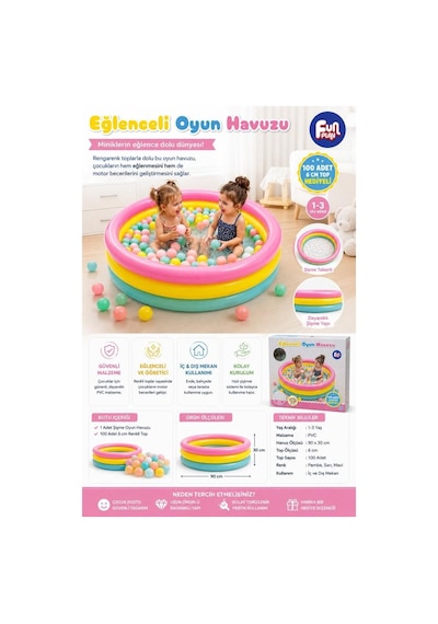 Eğlenceli Oyun Havuzu Şişme Top Havuzu 100 Adet 6 Cm Top Hediyeli Çocuk Oyun Alanı 1-3 Yaş 90 Cm