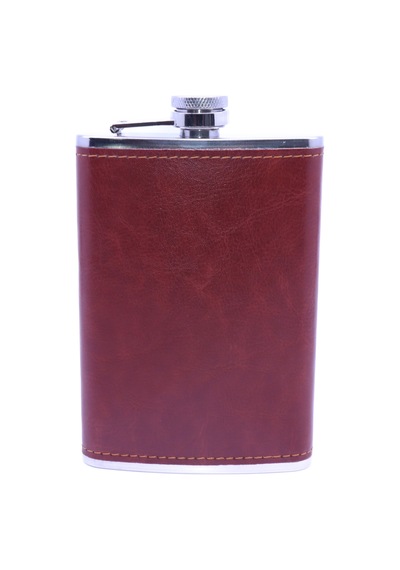 Kahverengi Deri Kaplama Paslanmaz Çelik Cep Matarası - Hip Flask 9 Oz