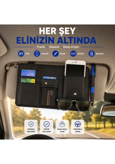 Coofbe Araç İçi Güneşlik Organizer Cüzdan Çok Bölmeli Telefon Gözlük Kart Kalem Tutucu Oto Düzenleyici
