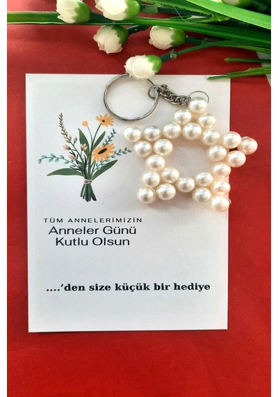 Anneler Günü için Çiçek Buketi Kartlı İnci Yıldız Anahtarlık 20 Adet