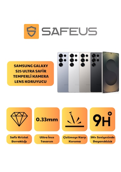 Safeus Safir Temperli Kamera Lens Koruyucu, Samsung Galaxy S25 Ultra İle Uyumlu Siyah