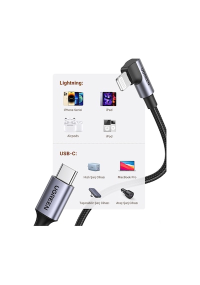 Ugreen Usb-c - Lightning 3a Qc Pd 90 Derece Örgülü Hızlı Şarj Kablosu, 2 M, Siyah, 60765