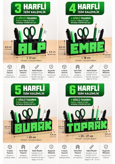 Miinecraft Temalı İsimli Kalemlik Kişiye Özel İsme Özel Üretim, Çok Gözlü Kalemlik 3 Harfli İsim Tasarımı