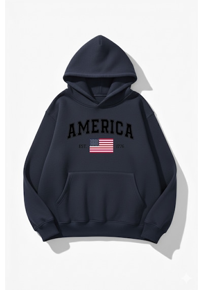 Uyguntarz Unisex Yumuşak Dokulu America Baskılı Tasarım Oversize 3 İplik Hoodie Sweatshirt Indigo