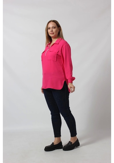 Moda Berray 3055 Yaka Fermuarlı Yandan Yırtmaçlı Gömlek Pembe