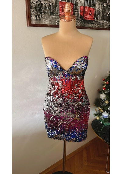 Chica Rosa Fashion Pullu Çok Renkli Straplez Mini Elbise
