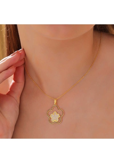 925 Ayar Gümüş Gold Çiçek Desenli Kadın Kolye Gri