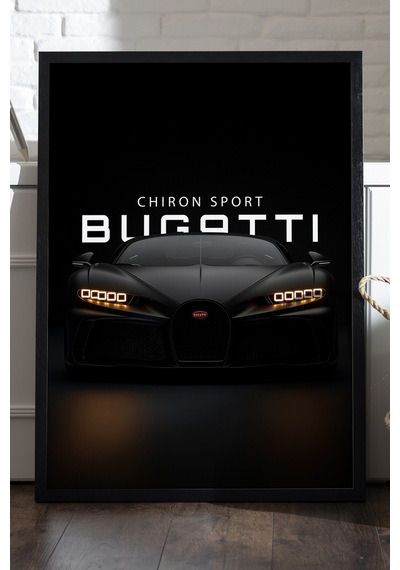 Bugattio Chiron Sport Siyah Ahşap Çerçeveli Poster, Dekoratif Araba Duvar Tablosu