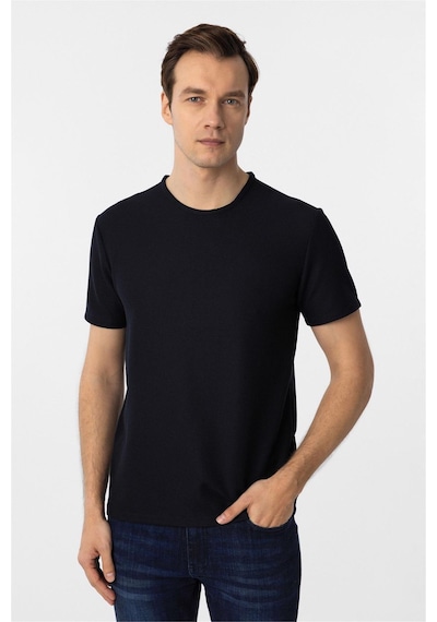 Süvari Lacivert Slim Fit Armürlü Bisiklet Yaka Tişört-37338 Lacivert