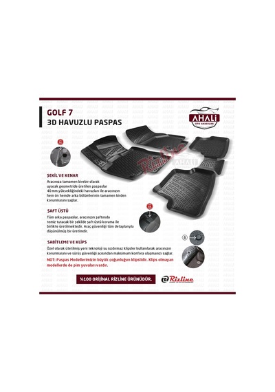 Rizline Volkswagen Golf 7 2012 Sonrası 3D Havuzlu Paspas