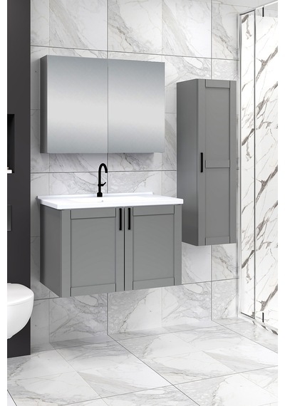 %100 Mdf 80 Cm Riva Banyo Dolabı + 30 Cm Riva Boy Dolabı Beyaz