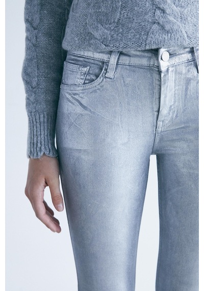 Gümüş Yüksek Bel Varak Sıvamalı Jean Pantolon-gümüş Gümüş