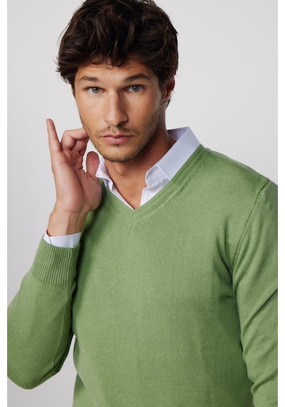Tudors Slim Fit V Yaka Pamuklu Yeşil Erkek Kazak-28335-yeşil Yeşil