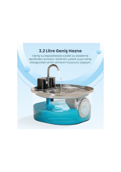 Pwl010 Otomatik Kablosuz Kedi Su Pınarı, Sensörlü , Bataryalı , Ultra Sessiz, Çelik , 3.2lt Hazne