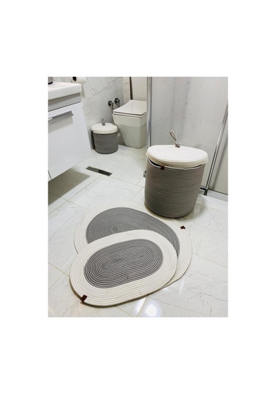 Jüt,hasır, 3 Lü Banyo Paspas Takımı, Bohem Tarzı Banyo Takımı,iskandinav Paspas/sepet Gri Krem Gri Krem