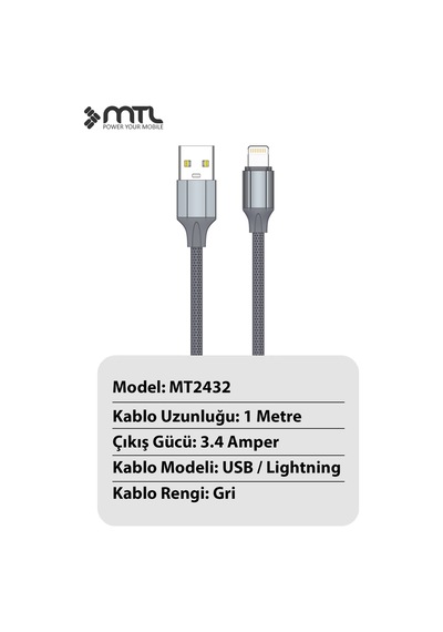3.4a Usb To Apple Uyumlu iPhone Lightning Silikon Hızlı Şarj Ve Data Aktarım Kablosu 1 Metre Gri Mt2432