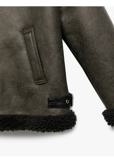 Koton Peluş Detaylı Gömlek Yaka Uzun Kollu Oversize Biker Ceket Haki 6wkg20039aw Haki