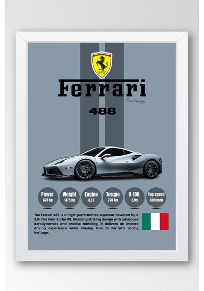Ferrari 488 Premium Süper Araba Tablosu - Teknik Özellikli İtalyan Otomobil Duvar Dekoru Beyaz