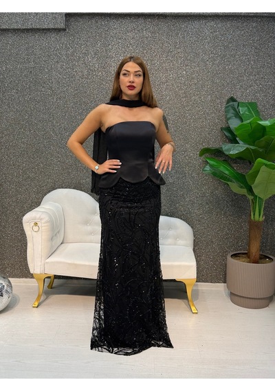 E&a Eren Abiye Bebe Mavisi Straplez Inclı Balık Abıye Siyah