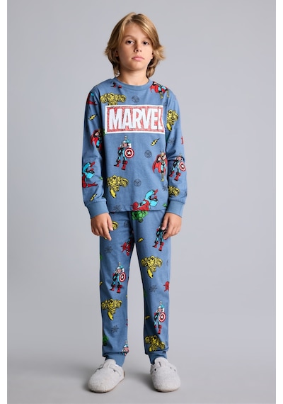 Defacto %100 Pamuk Marvel Comics Baskılı Uzun Kollu Üst Lastikli Paça Alt Pijama Takımı Erkek Çocuk I1327a826aube739 Mavi-be739