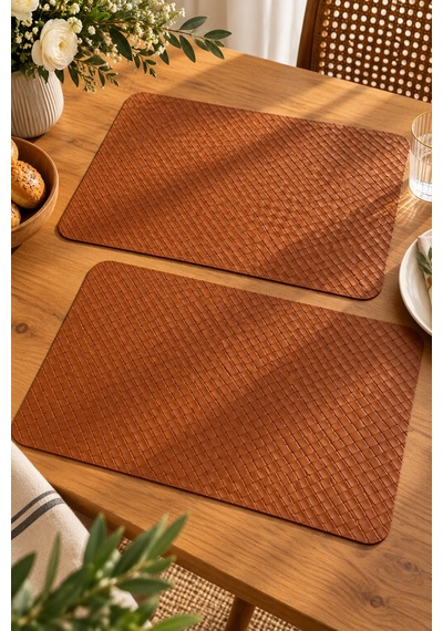 2'li Deri Amerikan Servis Seti 45x30 Cm Örgü Dokulu Supla Masa Servis Altlığı Turuncu - 939971829 Turuncu