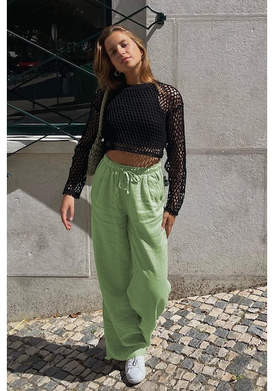 Madmext Yeşil Beli Büzgülü Wide Leg Kumaş Pantolon Mg1950-yeşil Yeşil