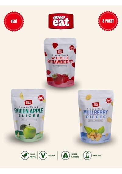 Evereat Çilek-elma-dut Freeze Dry Meyve Cipsi 3'lü Paket Gurme Atıştırmalık 1 Adet