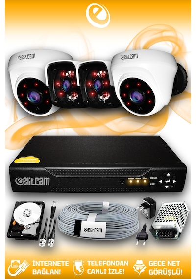 Elitcam 4 Kameralı Panda 2 İç Kamera Set 2 TB HDD Full HD Gece Görüşlü Güvenlik Kamerası Sistemi