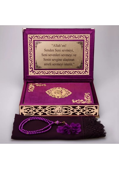 Şal + Tesbih + Kuran Hediye Seti Orta Boy, Şemslafzatullah, Gold Pleksi, Raşel Kutu, Mor
