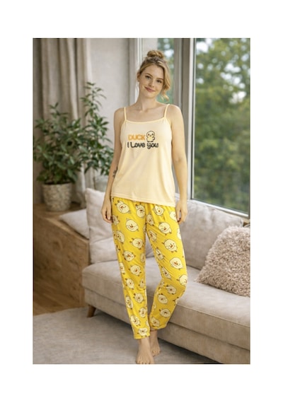 Rindahomewear Kadın Sarı Civciv Baskılı Milan Askılı Pijama Takımı Sarı