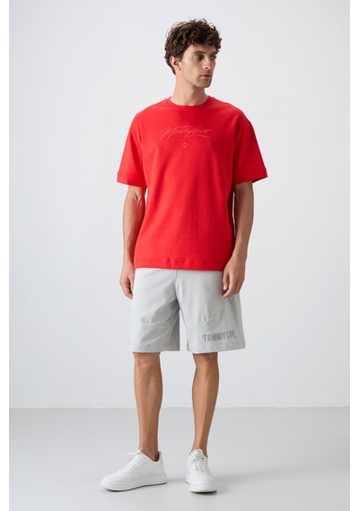 Tommy Life Fiesta Pamuklu Kalın Yumuşak Dokulu Oversize Fit Baskılı Erkek T-shirt - 88320 Kirmizi