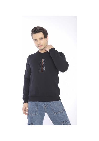 Escetic Erkek Spor Slimfit, Bisiklet Yaka Siyah Sweatshirt-4271 Siyah