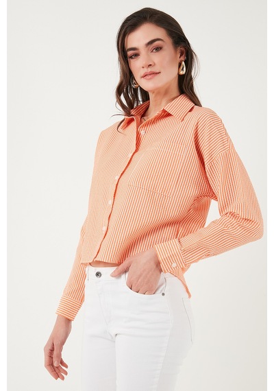 Lela Regular Fit Çizgili Göğüs Cepli Dokulu Bayan Gömlek 6772870 Oranj