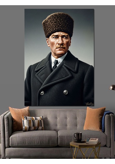 Siyah Kalpaklı Atatürk Portresi Dekoratif Kanvas - Mdf Ahşap Tablo