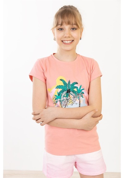 Brz Kids Palmiye Baskılı Kız Çocuk T-shirt-somon Somon