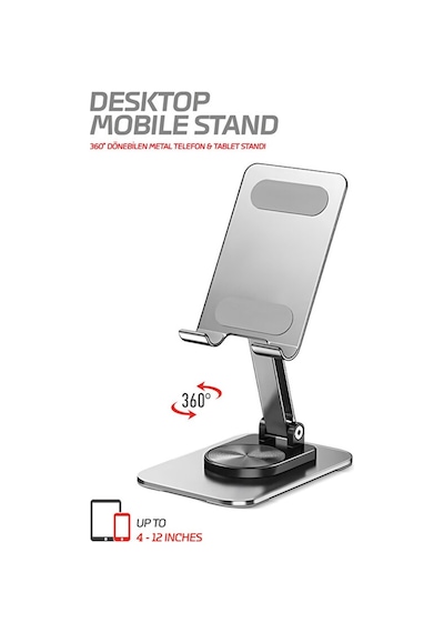Powerway Dms33 360 Derece Dönebilen Full Metal Katlanabilir Masaüstü Telefon Standı Metal Gri