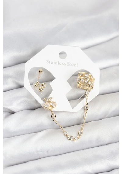 Mey İthalat Kiraz Model Pirinç Gold Renk Zincir Bağlantılı Ear Cuff Küpe Seti Diğer
