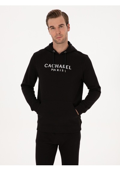 Siyah Regular Fit %100 Pamuk Kapüşonlu Sweatshirt