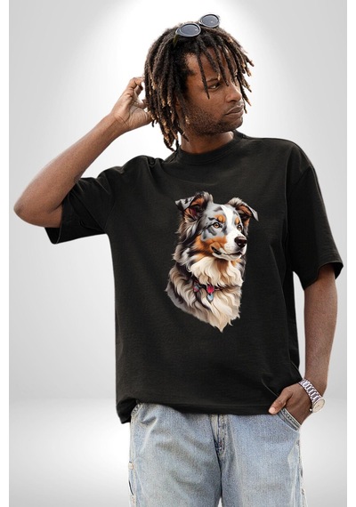 Australian Shepherd Köpek Pamuklu Bisiklet Yaka Unisex Oversize Boyfriend Dijital Baskılı Siyah T-shirt Siyah